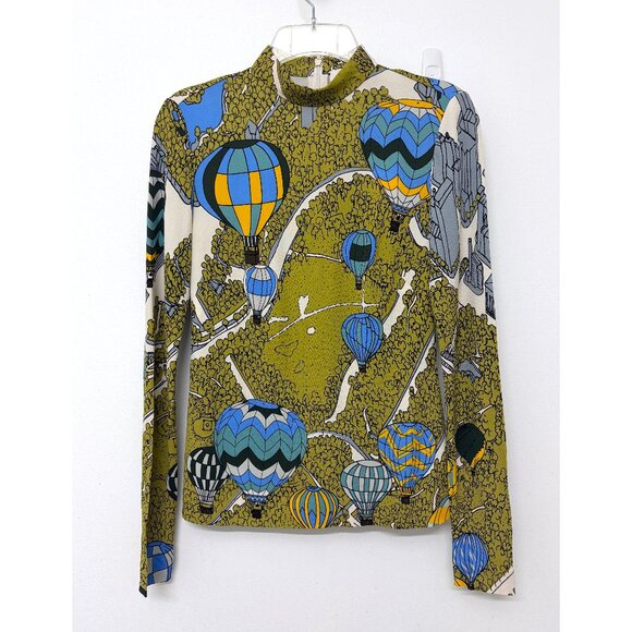 NWT Tory Burch Balloons In The Sky Print Top Blouse Mock Neck Hot Air Green 2 - Picture 3 of 11